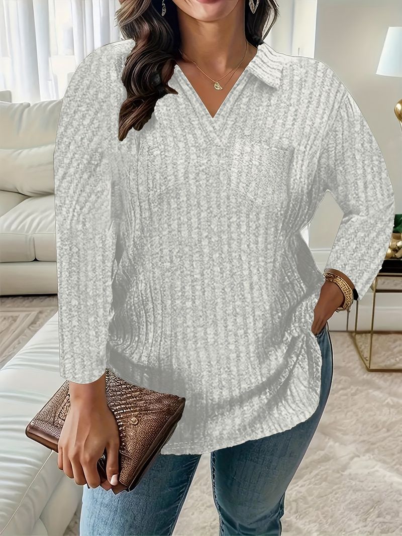 Maglietta casual a maniche lunghe con scollo a V e tasca – Top in maglia a coste rilassato per donna (grigio, nero, verde militare, rosso vino)_voghion.com