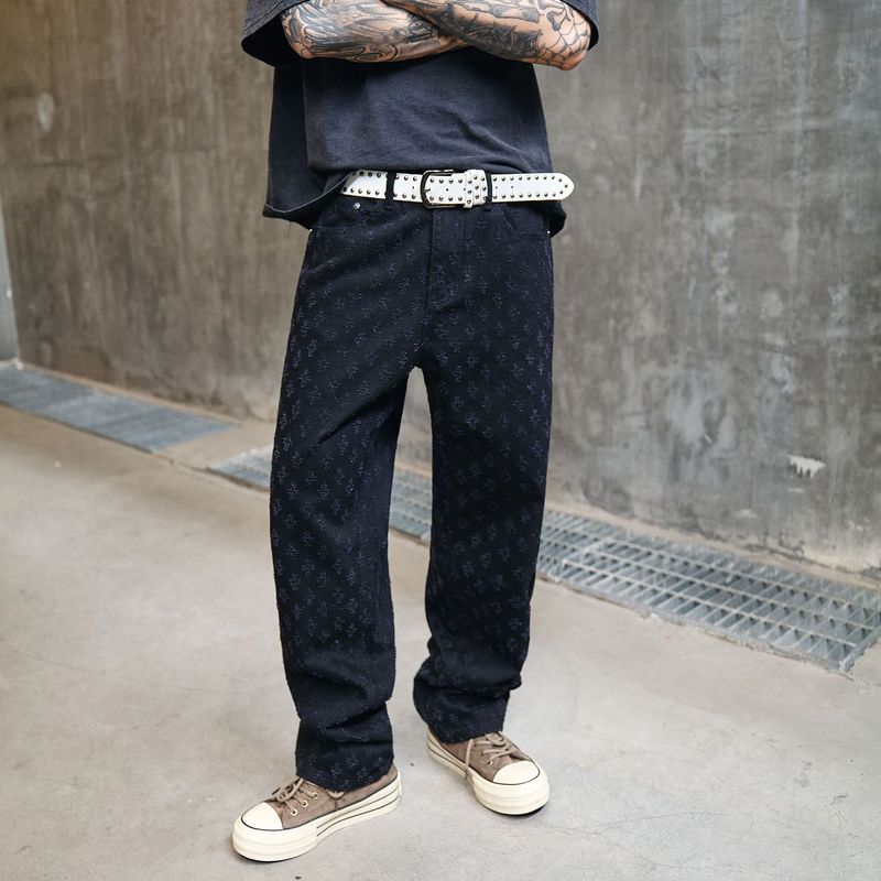 Men's Clothing New American Retro Full Print Jacquard Jeans Men's Loose Straight Washed Wide Leg Casual Trousers Men_voghion.com