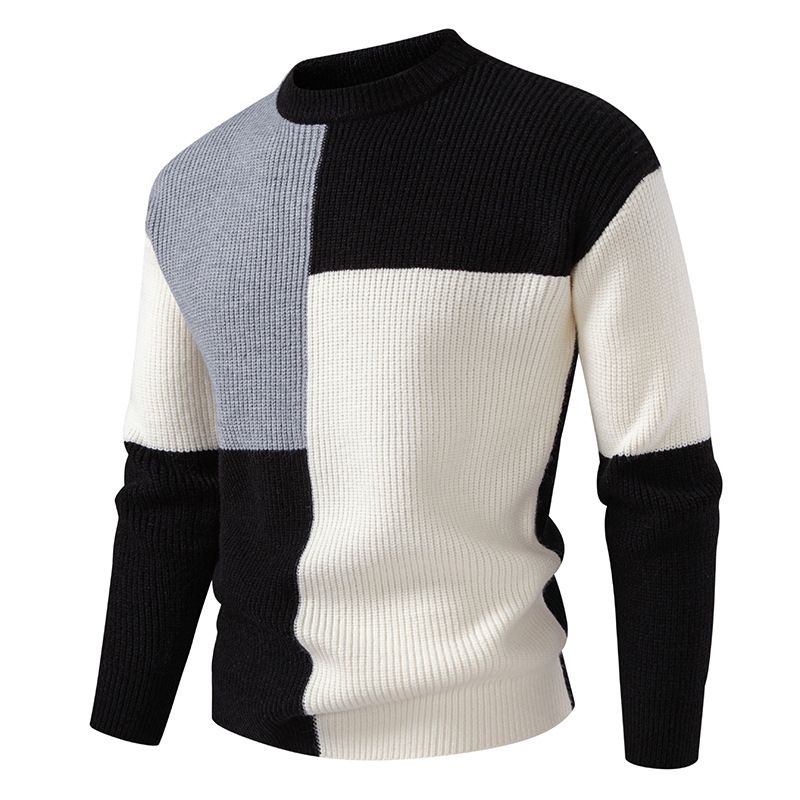 Maglione lavorato a maglia da uomo alla moda con design a blocchi di colore, scollo rotondo, manica lunga, vestibilità ampia, pullover spesso e caldo per abbigliamento casual._voghion.com