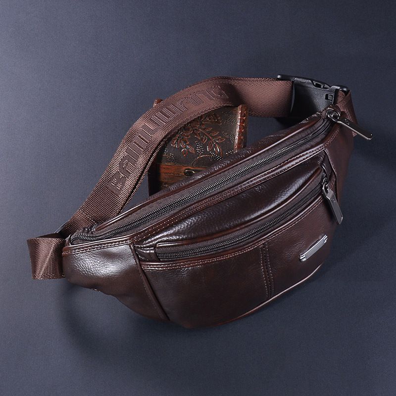 Leather Fanny Pack Men's Multi-functional Moon-shaped Retro First-layer Cowhide Breast Bag Casual Messenger Bag_voghion.com