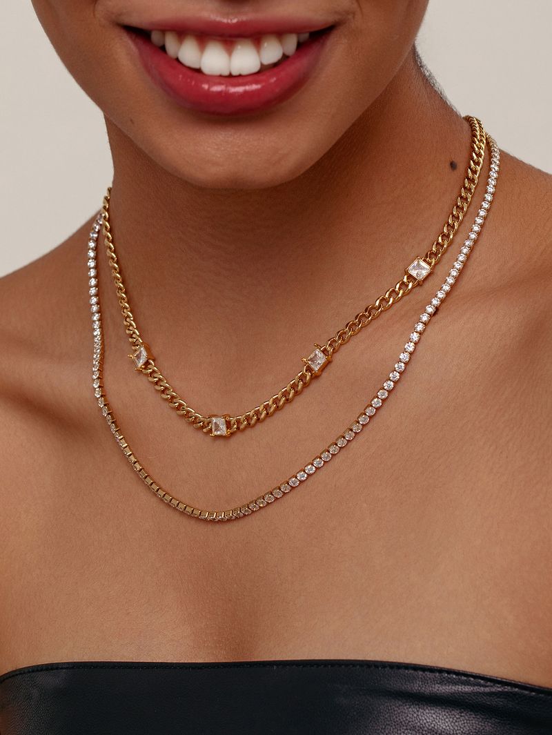 Collana con catena cubana a doppio strato, elegante, in zircone, versatile, alla moda, per ragazze, feste e pendolari._voghion.com