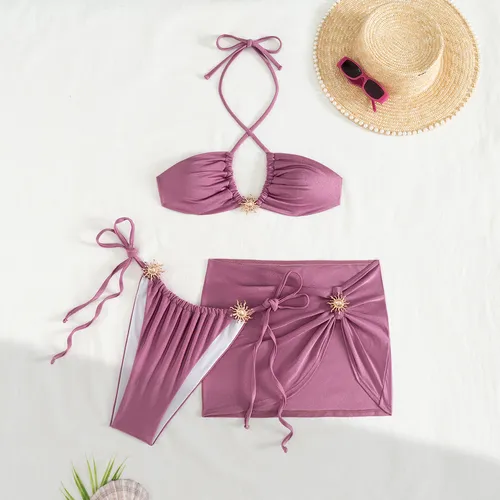 Traje de baño de tres piezas para mujer, bikini sexy de color liso con abertura_voghion.com