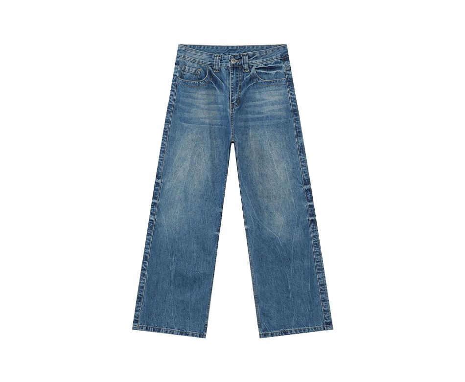 EF JEANS | 2025 Frühjahr Neue amerikanische High Street Lightning Ripple Cat Shave Washed Blue Straight Jeans_voghion.com