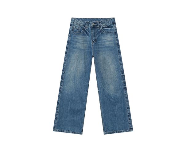 EF JEANS | 2025 Frühjahr Neue amerikanische High Street Lightning Ripple Cat Shave Washed Blue Straight Jeans_voghion.com