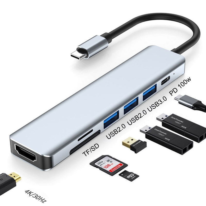 7 In 1 HDMI+SD/TF+USB2.0x2+USB3.0+PD to Type-C HUB Docking Station_voghion.com
