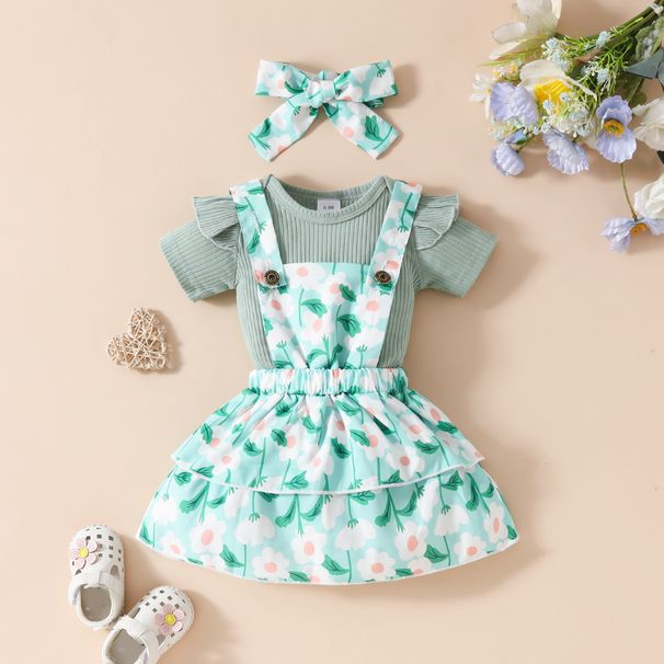 Mère et enfants bébé fille été haut à manches courtes avec bretelles jupe décontracté fille fleur fruit jupe décontractée ensemble_voghion.com