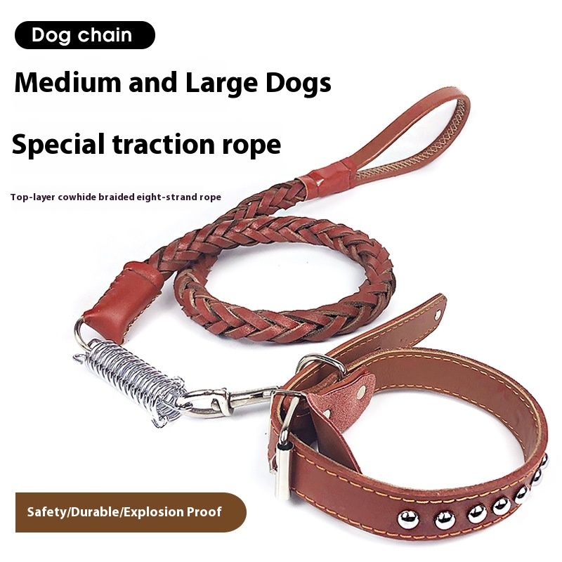 Correa de piel de vaca con resorte para mascotas, collar tejido de ocho hebras, correa grande para perros que pasean_voghion.com