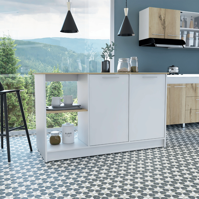 Coral Kitchen Island With Large Countertop, Open Storage Shelves, Double Door Cabinet_voghion.com