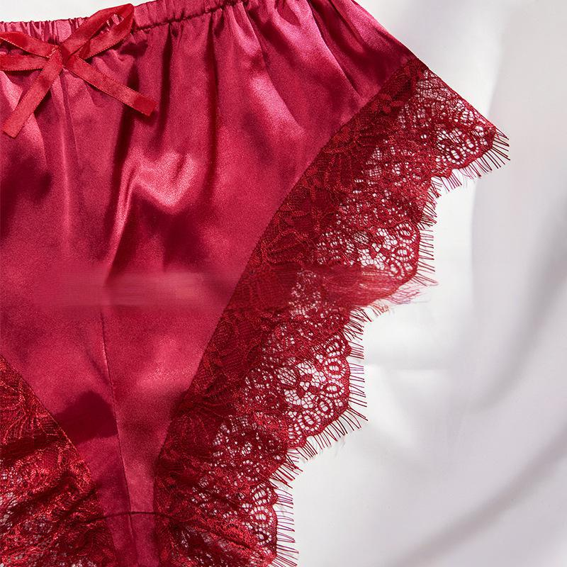 Women's Intimates Wine Red Perspective Lace Passion Temptation Style Satin Splicing Sexy Underwear Two Piece Suit_voghion.com
