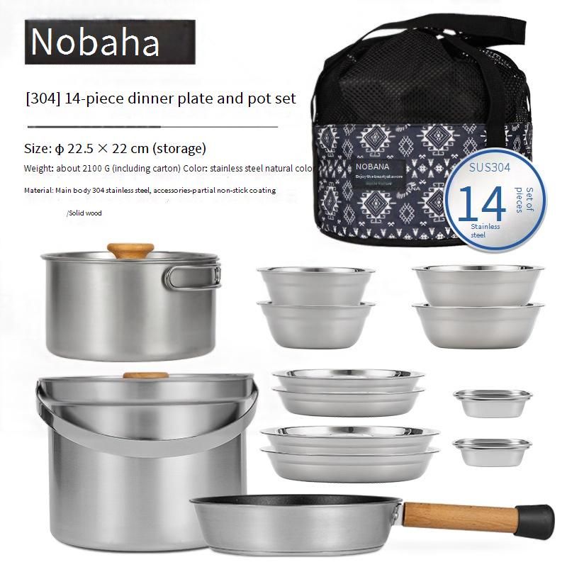 304 Stainless Steel Camping Cookware Set - Portable Outdoor Cooking Kit With Soup Pot Frying Pan & Utensils Compact For Picnics Road Trips_voghion.com