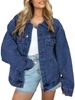 Women's Oversized Button Denim Jacket, Long Sleeve Casual Coat With Polo Collar, Lightweight Cotton Blend (50%-70%) For Spring & Fall_voghion.com