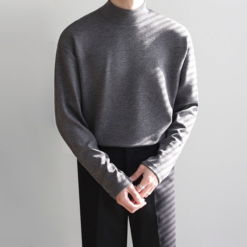 Herrenbekleidung Winter- und Herbstoberteile Halber Rollkragenpullover Herren-T-Shirts mit langen Ärmeln in Volltonfarbe Trendy T-Shirts_voghion.com