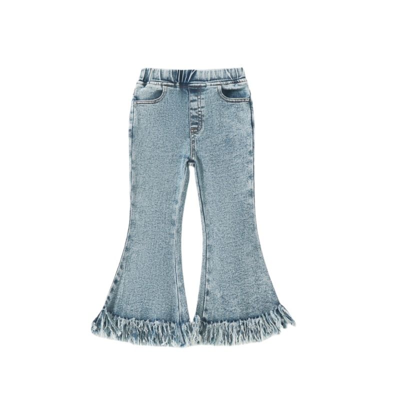Girls' Fashion Bell Bottom Jeans - Stylish Denim With Fringe Detail, Slim Fit Flared Pants For Trendy Kids_voghion.com