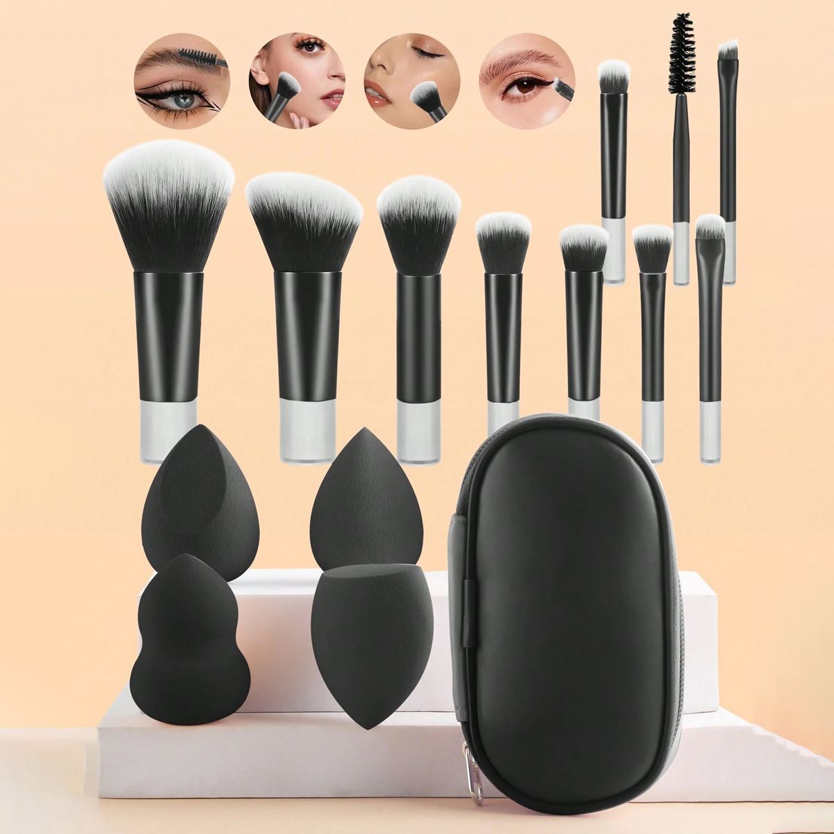 10-Piece Rainbow Travel Makeup Brush Kit With 4 Blending Sponges Zippered Case Compact Short Handle Cosmetic Brushes Set Portable Makeup Essentials_voghion.com
