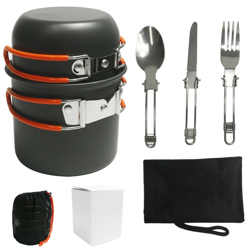 Equipamentos para atividades ao ar livre: Conjunto de panelas para 1 a 2 pessoas. Utensílios de cozinha portáteis para camping com talheres DS-101_voghion.com