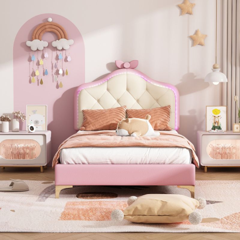 Polsterbett, Einzelbett, Wellenform Mit Zugpunkt Am Kopfende Des Bettes, Rosa Schleife, Mit Mehrfarbigen, Wechselnden LED-Streifen, Kinderbett Mit Holzlatten, Einzelbett, PU, Rosa Bettrahmen, 90x200cm_voghion.com