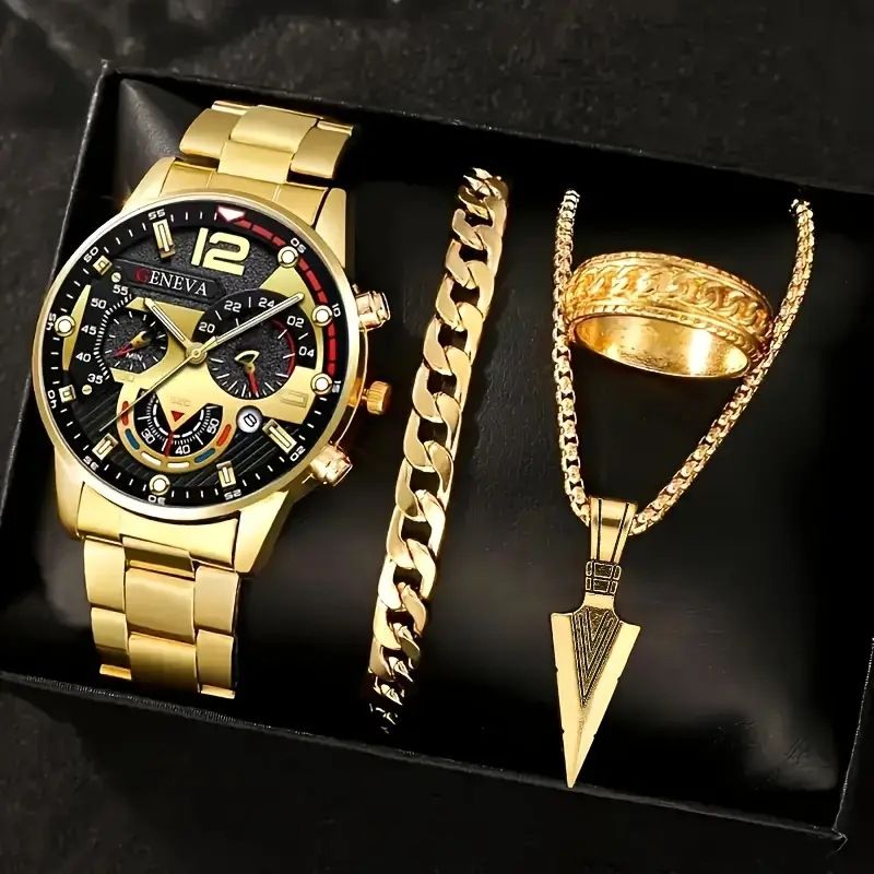 Men's Business Watch Three Eye Calendar Roman Scale Quartz Watch Cross Necklace Bracelet Ring Set_voghion.com
