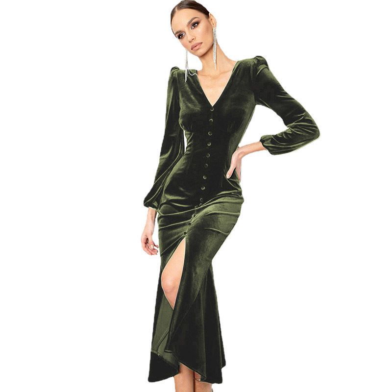 Abbigliamento da donna Autunno e inverno Maglia scollo a V Spalle imbottite Abito a maniche lunghe Abito temperamento intellettuale_voghion.com