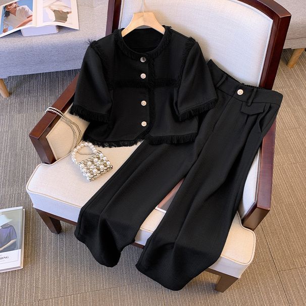 Large size women's clothing 2023 summer new small suit tassel jacket fat mm fashion casual pants two-piece suit female_voghion.com