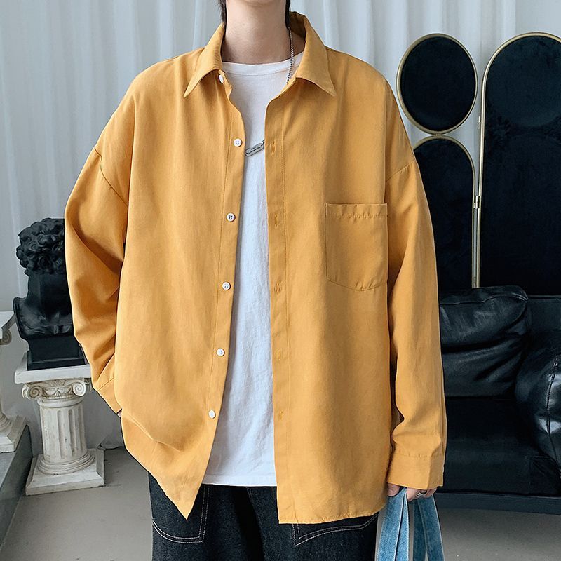 Solid color long sleeved shirt men's loose new style solid color thin top jacket autumn formal pocket shirt_voghion.com