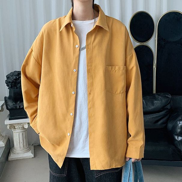 Solid color long sleeved shirt men's loose new style solid color thin top jacket autumn formal pocket shirt_voghion.com