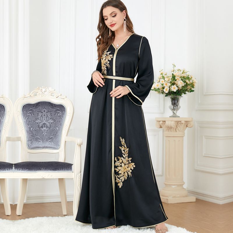 Women's Clothing Muslim Abaya Slit V-neck Long Sleeve Slim Fit Elegant Belted Maxi Robe Dress_voghion.com