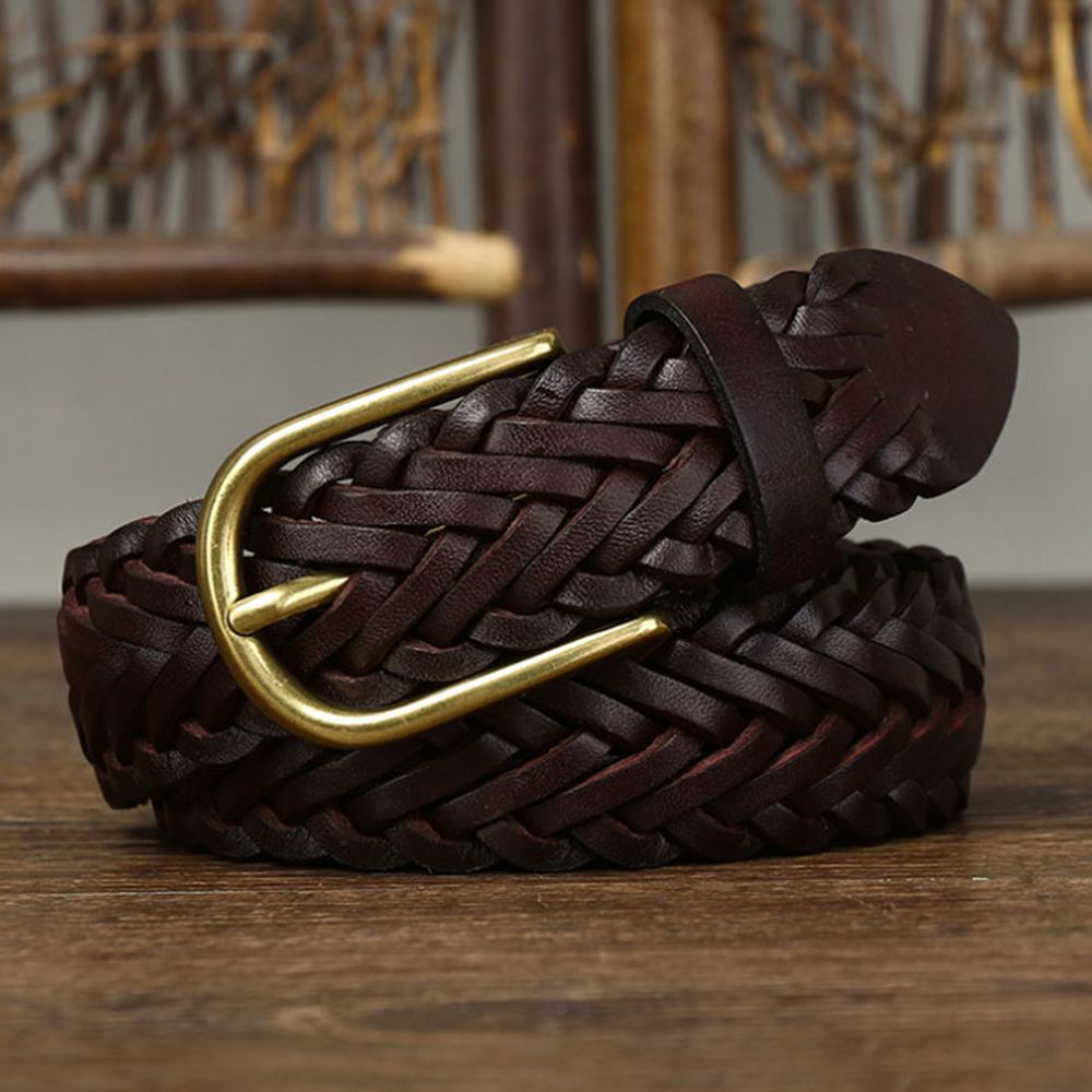 HOT FARINA 3cm Wide Unisex Top Layer Cowhide Woven Needle Buckle Casual and Versatile Pants Belt for Couples_voghion.com