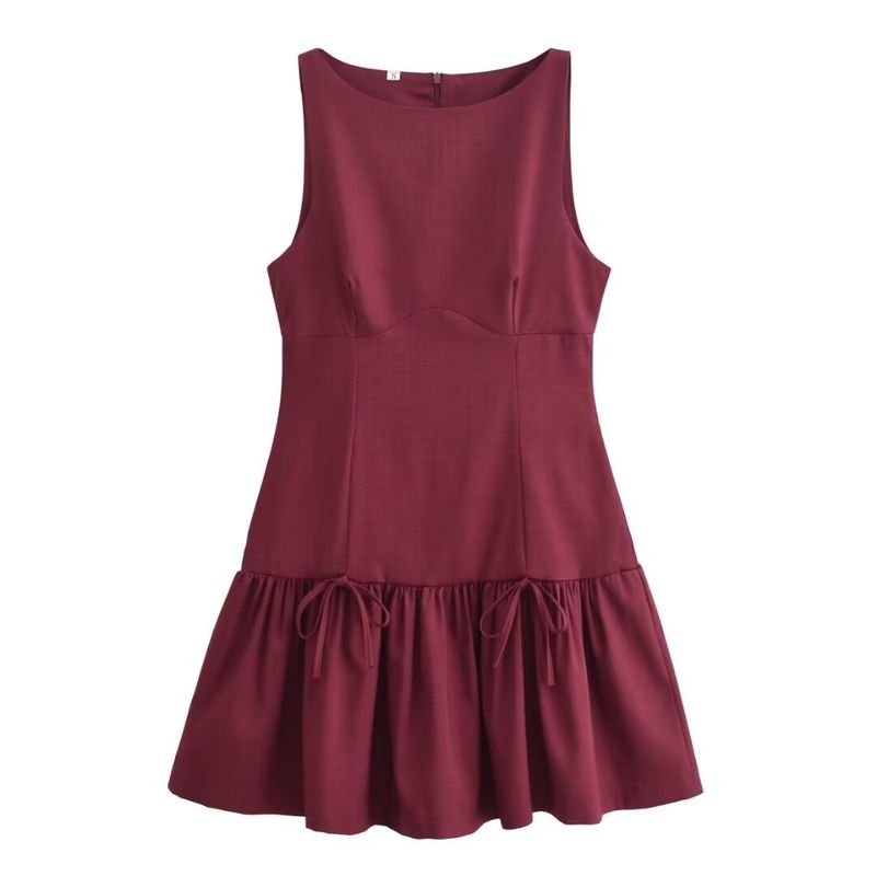 Damenbekleidung Neues ärmelloses Kleid mit Rundhalsausschnitt und Schleife_voghion.com