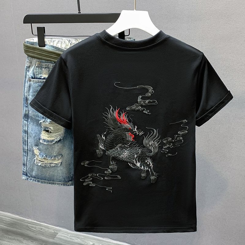 Abbigliamento maschile Design casual T-shirt estate sottile girocollo maniche corte alla moda nazionale tendenza ricamo tutto-fiammifero mezza manica T-shirt uomo_voghion.com