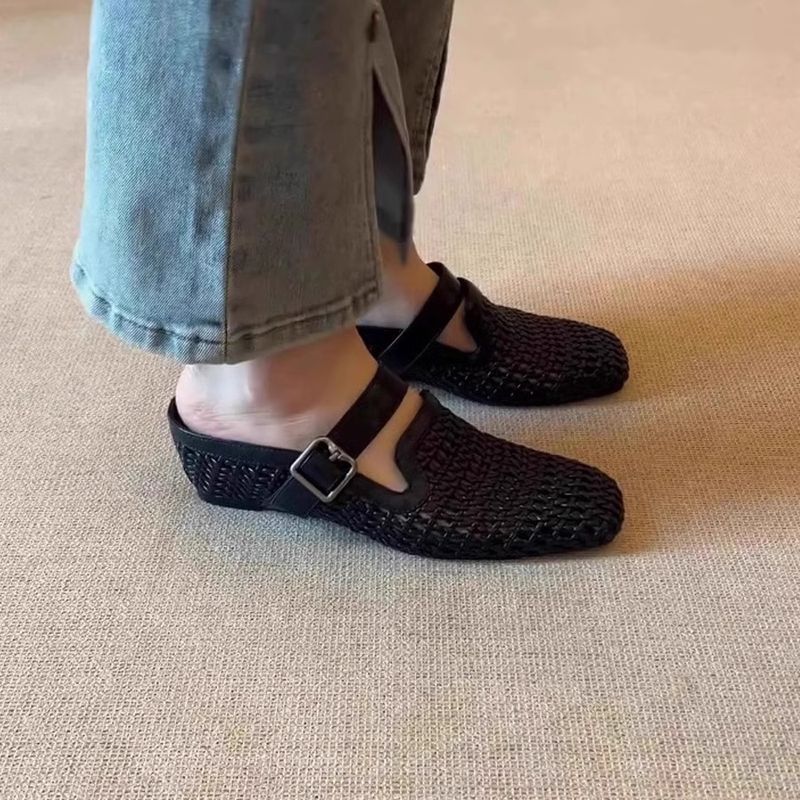 Women's Shoes Leather 5.5cm Holiday Style Braided Wedge Heel Mules For Women With Belt Buckle Breathable Closed Toe Half Slippers For Outdoor Wear_voghion.com