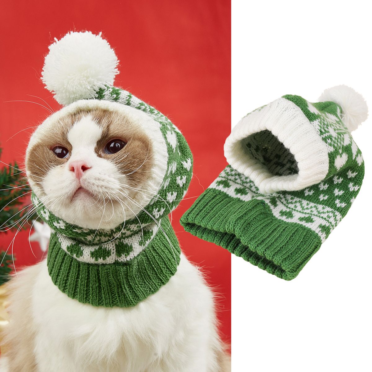 Red Green Snowflake Reindeer Heart Knitted Elastic Pet Puppy Cat Pom Hat_voghion.com