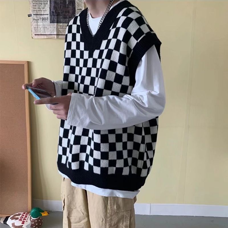 Men's Clothing Men's Couples V-Neck Plaid Loose Sweater Vest Knitted Vest_voghion.com