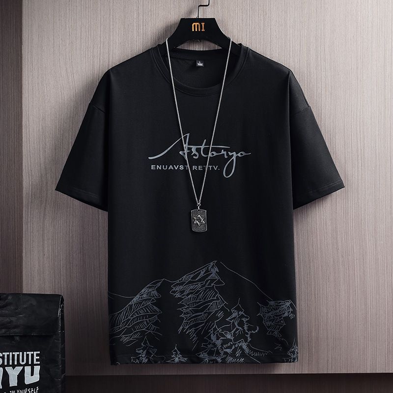 Herenkleding T-shirt pak heren zomer nieuwe sneeuwberg print modetrend Koreaanse versie van slim fit groot formaat sport tweedelige set_voghion.com