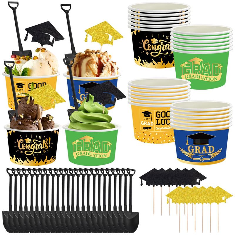 24Sets Graduation Season Ice Cream Decorations Kit 24 Ice Cream Box 24 Plastic Spoons 24 Paper Topper Signs Black And Golden Graduation Cap Sever 24/48 For 2025 Graduation Party Supplies_voghion.com