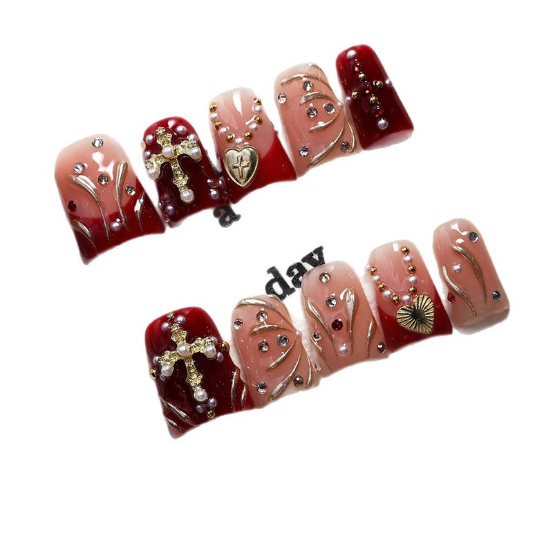 New Arrival Blood Red French Press On Nails 10PCS - Short Duckbill, Gold Cross, Handmade For Europe & America_voghion.com