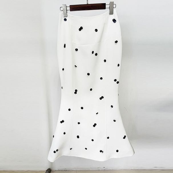 Modischer Anzug mit Pailletten und Perlen in Farbblock-Optik, Jacke mit Fischschwanz und langem Rock_voghion.com