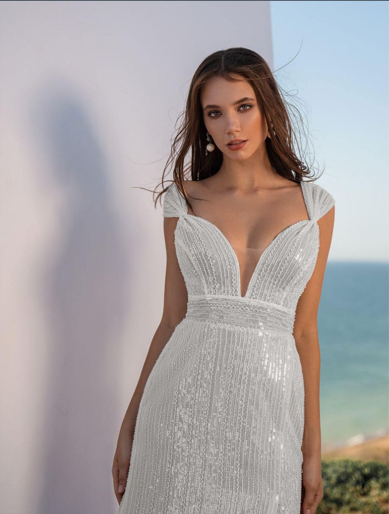 Sommer Damenbekleidung, V-Ausschnitt, schmales, hüftbetontes Kleid, paillettenbesetzter Schlitz, langer Rock_voghion.com