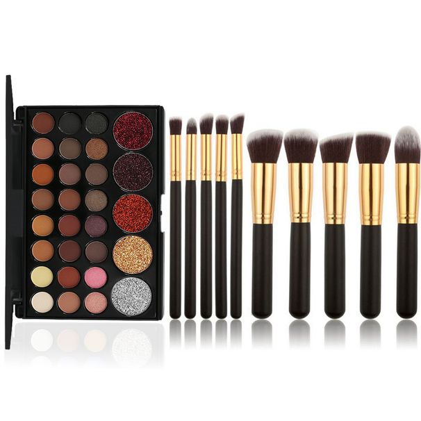 Set di trucco POPFEEL 29 Palette di ombretti color mattone, perlescenti, opachi, con paillettes, 10 pennelli per il trucco, pennello per fondotinta, strumenti di bellezza_voghion.com