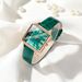 Temperamental and fashionable emerald small square watch with crocodile pattern belt quartz watch + rhinestone pendant jewelry set_voghion.com