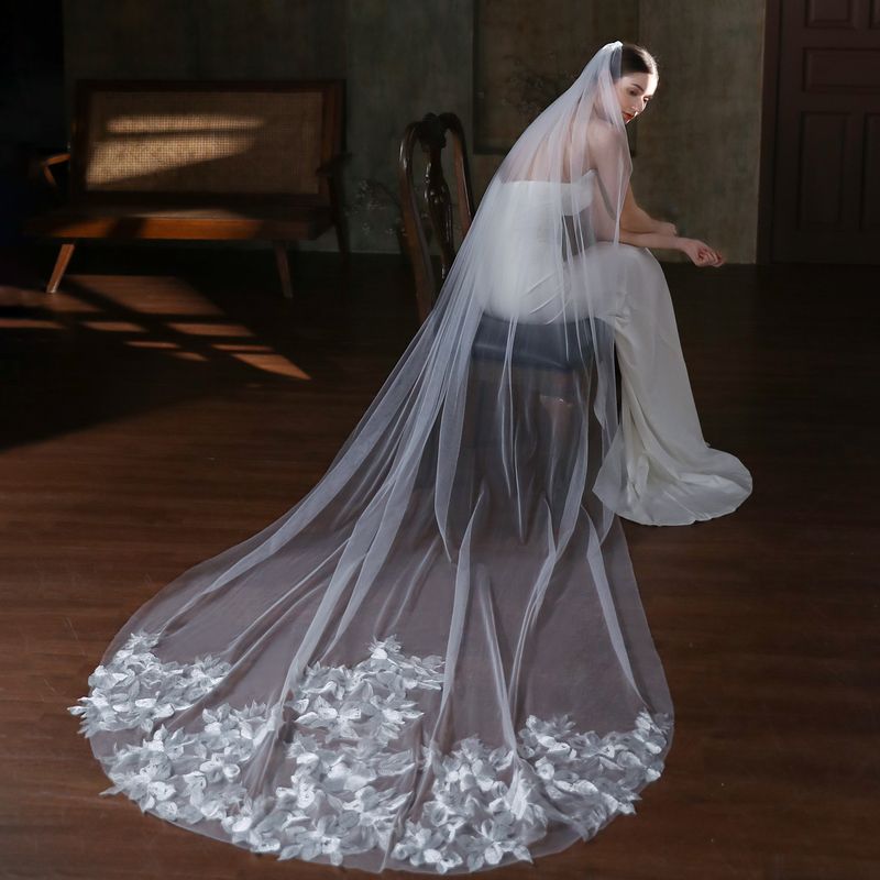Women's Bridal Wedding Main Veil Super Fairy Lace White Single Layer Trailing Church Wedding Long Soft Veil_voghion.com