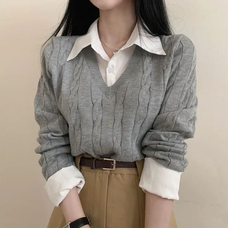 ​​Damen-Strickpullover mit Kragen und Kontrast – Langärmliges Pullover-Oberteil mit Rundhalsausschnitt und Lagenlook, lässig und bequem für Frühling und Herbst​​_voghion.com