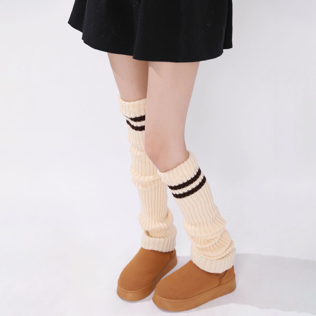 Scaldamuscoli autunnali e invernali, calzini extra lunghi in maglia spessa, calzini sopra il ginocchio, stivali da neve, coprigambe, calzini in pile caldo a righe a contrasto JK_voghion.com