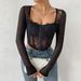 Neues sexy Spitzen-Netz-Knopf-Fischgräten-Quadrat-Ausschnitt Langarm-Damen-Top 10776_voghion.com