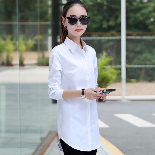 Women's Clothing Medium Length Long Sleeved Korean Version Loose Versatile Student Base Bf Shirt Large Size Navy Blue Wine Red_voghion.com