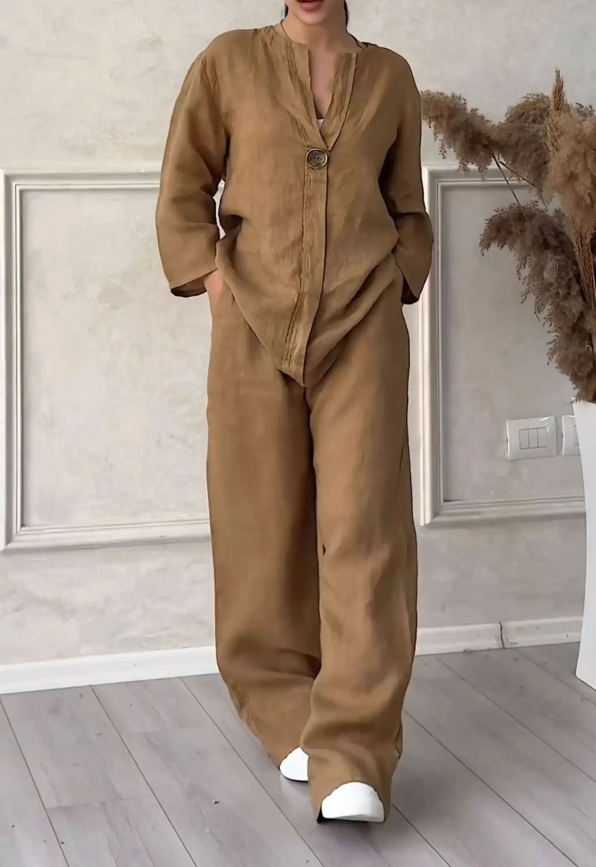 Conjunto de dos piezas para mujer, de algodón y lino, talla grande, con camisa y pantalones holgados de cintura alta._voghion.com