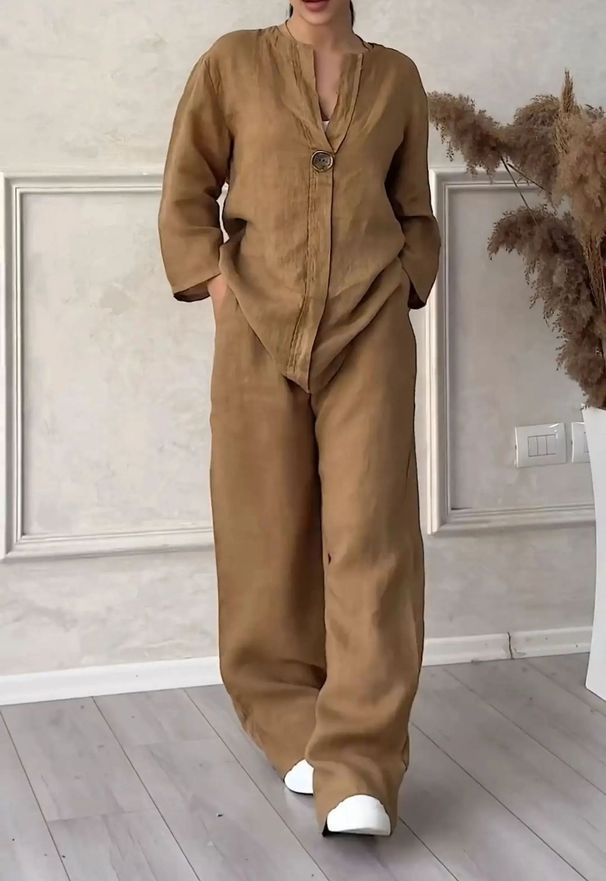Conjunto de dos piezas para mujer, de algodón y lino, talla grande, con camisa y pantalones holgados de cintura alta._voghion.com