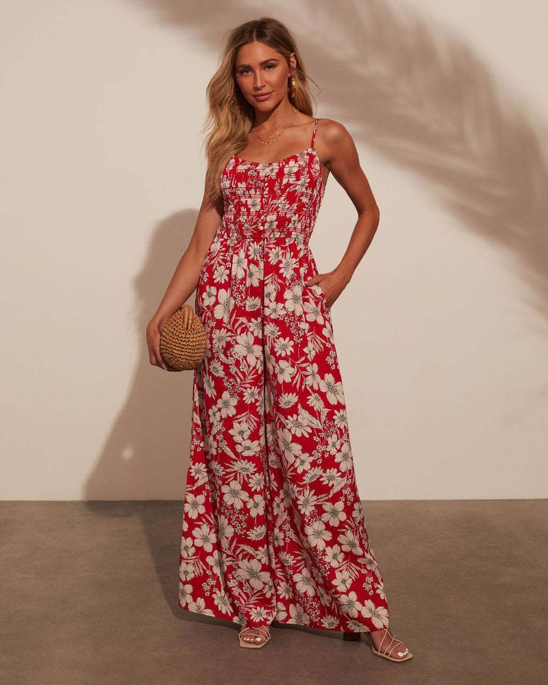 2025 European And American Cross Border New Women's Clothing High Waist Holiday Style Flower Print Suspenders Jumpsuit For Women_voghion.com