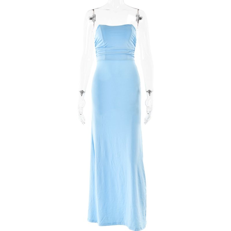 Abbigliamento da donna Abito a tubino senza schienale con spalline e gonna lunga a pieghe, sexy, alla moda, vestito attillato_voghion.com