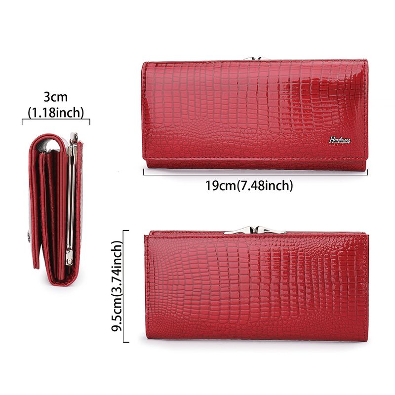 Carteira feminina em couro legítimo com fecho magnético, estampa de crocodilo em couro envernizado, bolsa de mão de grande capacidade, porta-moedas feminino._voghion.com