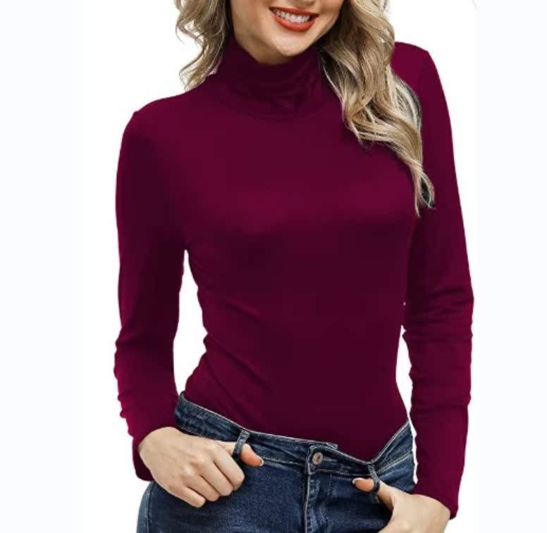 2025 Solid Color Urban Leisure High Collar Autumn Top Women's T-shirt_voghion.com
